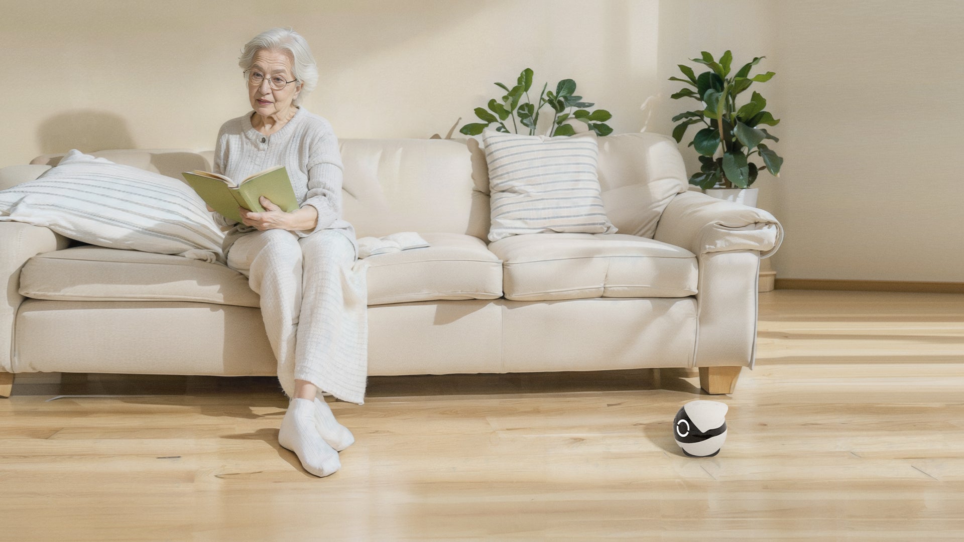 ROLA Mini mobile smart robot next to a sofa observing an elderly person reading, remotely monitoring their safety and well-being at home.